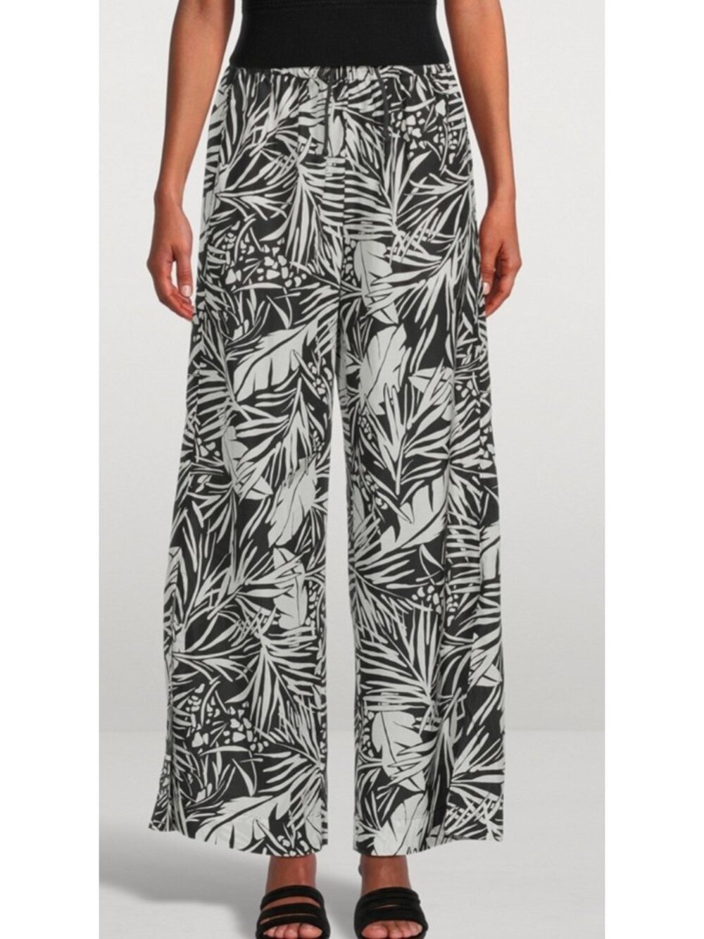 Frame Womens Palazzo Pants Black White Tropical Leaf Print Drawstring Beach M - Picture 1 of 3